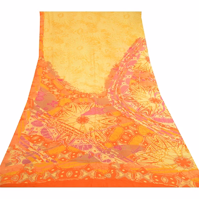 sanskriti vintage yellow saree pure georgette silk printed sari 5yd craft fabric, prg-11426