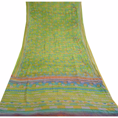 sanskriti vintage green pure chiffon silk sarees printed sari 5yd craft fabric, prg-10693