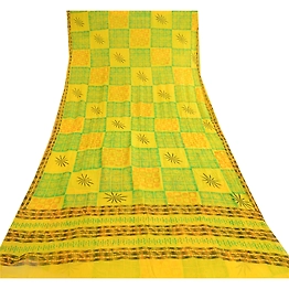 Sanskriti Vintage Lemon Green Pure Chiffon Silk Sarees Printed Sari Craft Fabric, PRG-10696