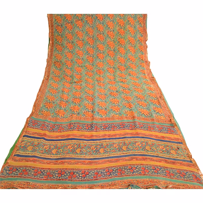 sanskriti vintage green pure georgette silk sarees printed sari 5yd craft fabric, prg-10658