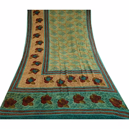 sanskriti vintage saree green pure georgette silk printed sari 5yd craft fabric, prg-12275