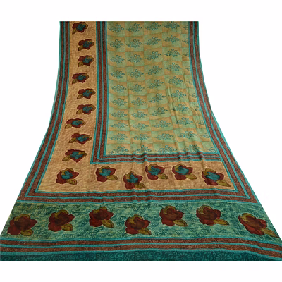 sanskriti vintage saree green pure georgette silk printed sari 5yd craft fabric, prg-12275