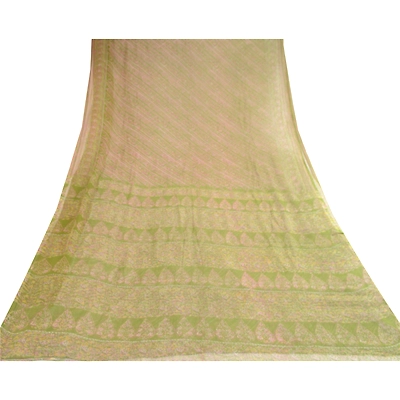 Sanskriti Vintage Green Sarees Pure Chiffon Silk Printed Sari 5Yd Craft Fabric, PRG-10427