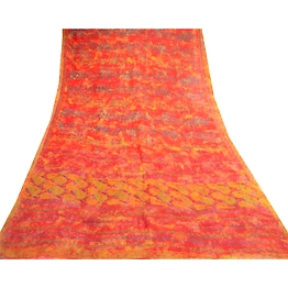 Sanskriti Vintage Orange Sarees Pure Chiffon Silk Printed Sari 5Yd Craft Fabric, PRG-10428