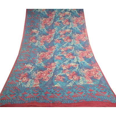 Sanskriti Vintage Pure Georgette Silk Sarees Blue Printed Sari 5Yd Craft Fabric, PRG-10391
