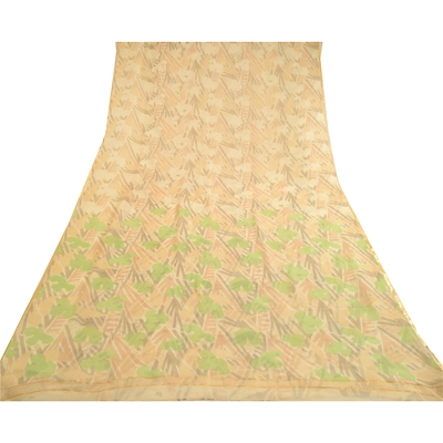 Sanskriti Vintage Sarees Cream Pure Chiffon Silk Printed Zari Border Sari Fabric, PRG-11398