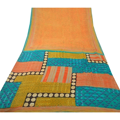 Sanskriti Vintage Peach Sarees Pure Georgette Silk Printed Sari 5Yd Craft Fabric, PRG-6010