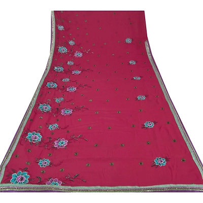Sanskriti Vintage Fashion Red Sarees Hand Beaded Georgette Fabric Sari Blouse Pc, PRG-6774