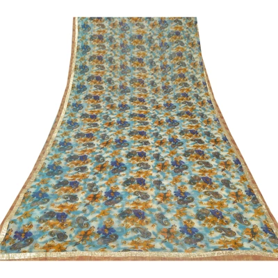 Sanskriti Vintage Blue Sarees Printed Blend Georgette Sari 5Yd Soft Craft Fabric, PRG-6788