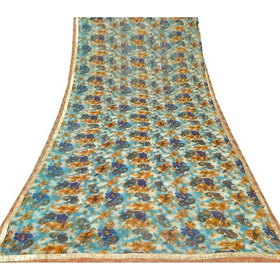 Sanskriti Vintage Blue Sarees Printed Blend Georgette Sari 5Yd Soft Craft Fabric, PRG-6788