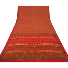 Sanskriti Vintage Red Indian Sarees Georgette Printed Sari 5Yd Craft Fabric, PRG-8702