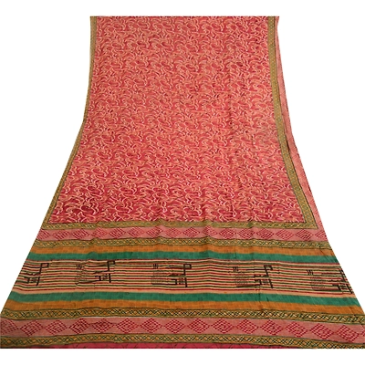 Sanskriti Vintage Red Indian Sarees Pure Georgette Silk Print Sari Craft Fabric, PRG-4860