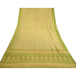Sanskriti Vintage Sarees Green Pure Chiffon Silk Printed Sari 5Yd Craft Fabric, PRG-12480