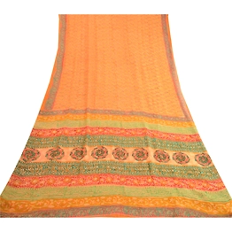 Sanskriti Vintage Sarees Saffron Pure Georgette Silk Printed Sari Craft Fabric, PRG-12471