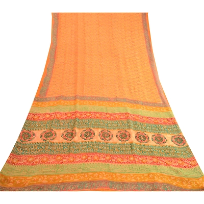 Sanskriti Vintage Sarees Saffron Pure Georgette Silk Printed Sari Craft Fabric, PRG-12471