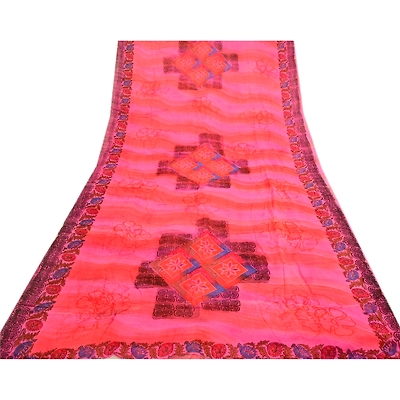 Sanskriti Vintage Pink Sarees Blend Georgette Printed 5 Yard Sari Craft Fabric, PRG-3401