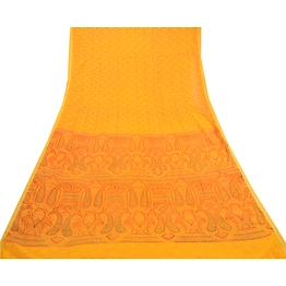 Sanskriti Vintage Yellow Zari Border Sarees Printed Chiffon Sari Craft Fabric, PRG-2783
