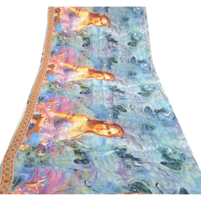 Sanskriti Vintage Blue Sarees Blend Georgette Digital Printed Sari Craft Fabric, PRG-12497