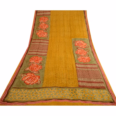 sanskriti vintage mustard sarees pure georgette silk printed sari craft fabric, prg-3637