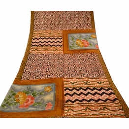 sanskriti vintage sarees black pure georgette silk printed sari 5yd craft fabric, prg-11709
