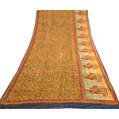 Sanskriti Vintage Green Sarees Pure Georgette Silk Printed Sari 5Yd Craft Fabric, PRG-3967