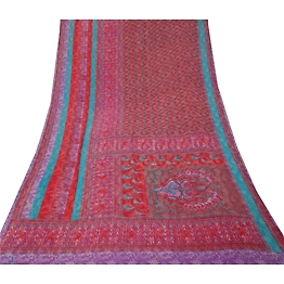 Sanskriti Vintage Red Sarees Pure Georgette Printed Sari 5Yd Craft Fabric, PRG-9909