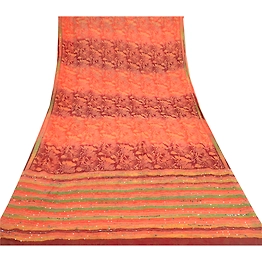 Sanskriti Vintage Orange Sarees Pure Georgette Silk Prined Sari 5Yd Craft Fabric, PRG-9674