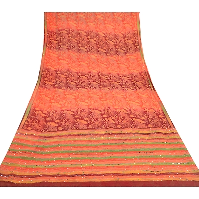 Sanskriti Vintage Orange Sarees Pure Georgette Silk Prined Sari 5Yd Craft Fabric, PRG-9674