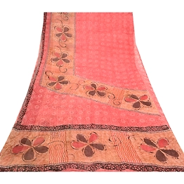 Sanskriti Vintage Pink Sarees Blend Georgette Printed Sari Craft 5 Yard Fabric, PRG-10303