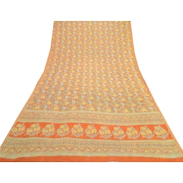 Sanskriti Vintage Sarees Indian Orange Georgette Printed Sari Soft Craft Fabric, PRG-12590