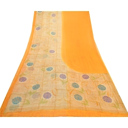 Sanskriti Vintage Sarees Indian Yellow Pure Chiffon Silk Print Sari Craft Fabric, PRG-12597