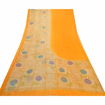 sanskriti vintage sarees indian yellow pure chiffon silk print sari craft fabric, prg-12597