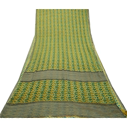 Sanskriti Vintage Sarees Green Pure Chiffon Silk Printed Sari Soft Craft Fabric, PRG-12604