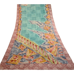 Sanskriti Vintage Sarees Sea-Green Pure Georgette Silk Printed Sari Craft Fabric, PRG-11686