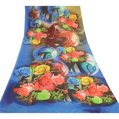 Sanskriti Vintage Sarees Blue Digital Printed Georgette Sari Floral Craft Fabric, PRG-11532