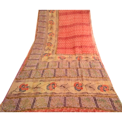 Sanskriti Vintage Orange Sarees Pure Georgette Silk Printed Sari Craft Fabric, PRG-3924