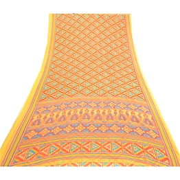 Sanskriti Vintage Red Indian Sarees Printed Georgette Indian Sari Craft Fabric, PRG-3479