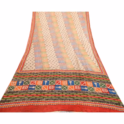 sanskriti vintage cream sarees pure georgette silk printed sari craft fabric, prg-3211