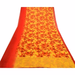 sanskriti vintage yellow indian sarees printed georgette sari craft 5yard fabric, prg-3007