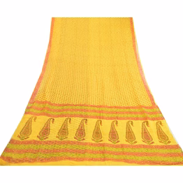 sanskriti vintage yellow sarees block printed pure georgette sari craft fabric, prg-2505