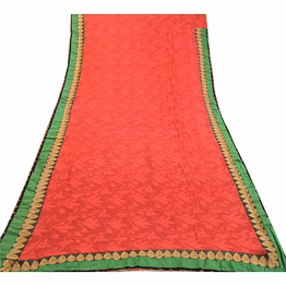 sanskriti vintage red indian sarees print lace work blend georgette sari fabric, prg-2265