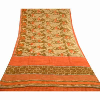 sanskriti vintage sarees olive green pure georgette silk print sari craft fabric, prg-11439
