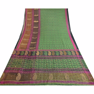sanskriti vintage green sarees hand beaded georgette printed painted sari fabric, prg-11381