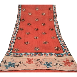 Sanskriti Vintage Red Sarees Pure Georgette Silk Printed Sequins Sari 5Yd Fabric, PRG-9463