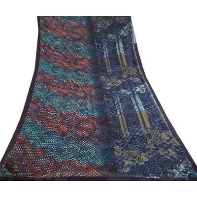Sanskriti Vintage Sarees Blue Indian Georgette Sari Printed Floral Craft Fabric, PRG-11361