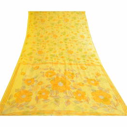 sanskriti vintage lemon green georgette sarees printed sari floral craft fabric, prg-10642