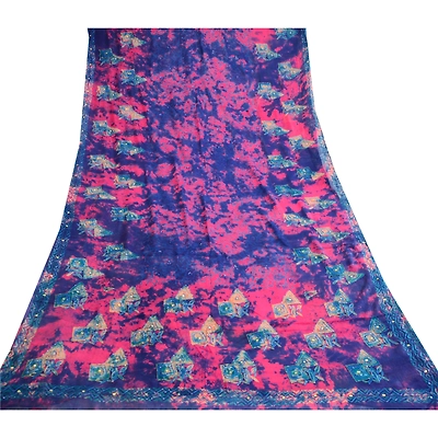 Sanskriti Vintage Blue Tie-Dye Hand Beads Sarees Pure Georgette Silk Sari Fabric, PRG-10494