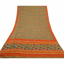 sanskriti vintage green sarees pure georgette silk print hand beaded sari fabric, prg-8738