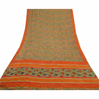 sanskriti vintage green sarees pure georgette silk print hand beaded sari fabric, prg-8738