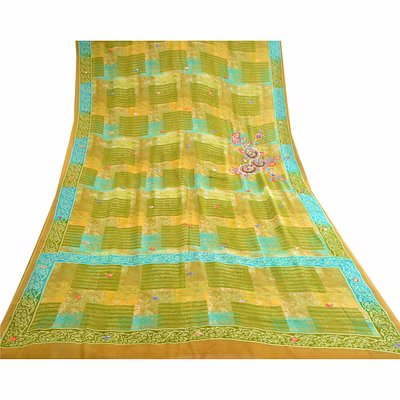 sanskriti vintage green hand beaded sarees pure georgette silk print sari fabric, prg-10508